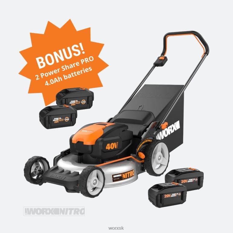 WORX nitro 40V zdieľaná 20-palcová bezdrôtová kosačka na trávu + 2 bonusové batérie 4,0 Ah záhradné náradie 84RP258